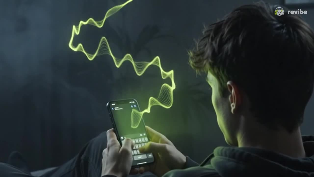 A phone glowing with a lime green waveform in a dark bedroom